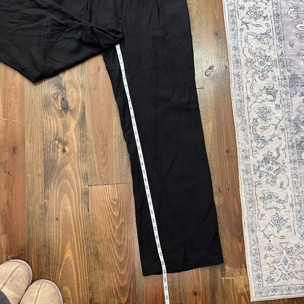 H&M Womens Pants Linen Blend Size 6 Pleated Front Pockets Black